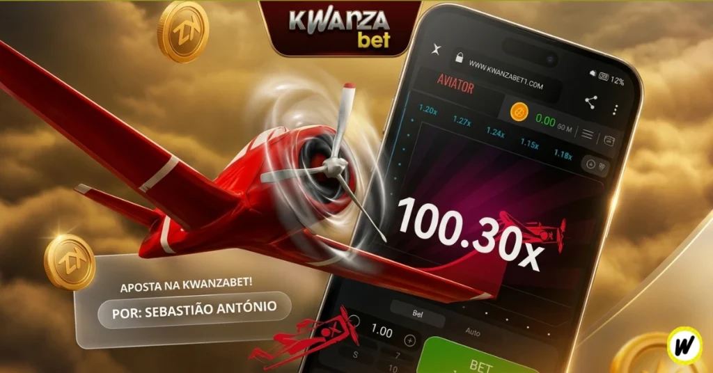 Imagem promocional em alta resolução do jogo Aviator na plataforma Kwanza Bet, mostrando um avião vermelho em 3D saindo da tela de um celular com um multiplicador de 100.30x.