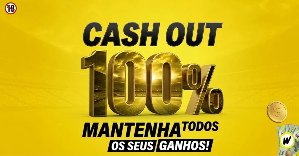 Banner promocional amarelo com o texto 'KWANZABET CASH OUT MANTENHA TODOS OS SEUS GANHOS!'. No centro, um '100%' em 3D dourado refletindo um estádio. Inclui selo +18 e ícones de dinheiro.