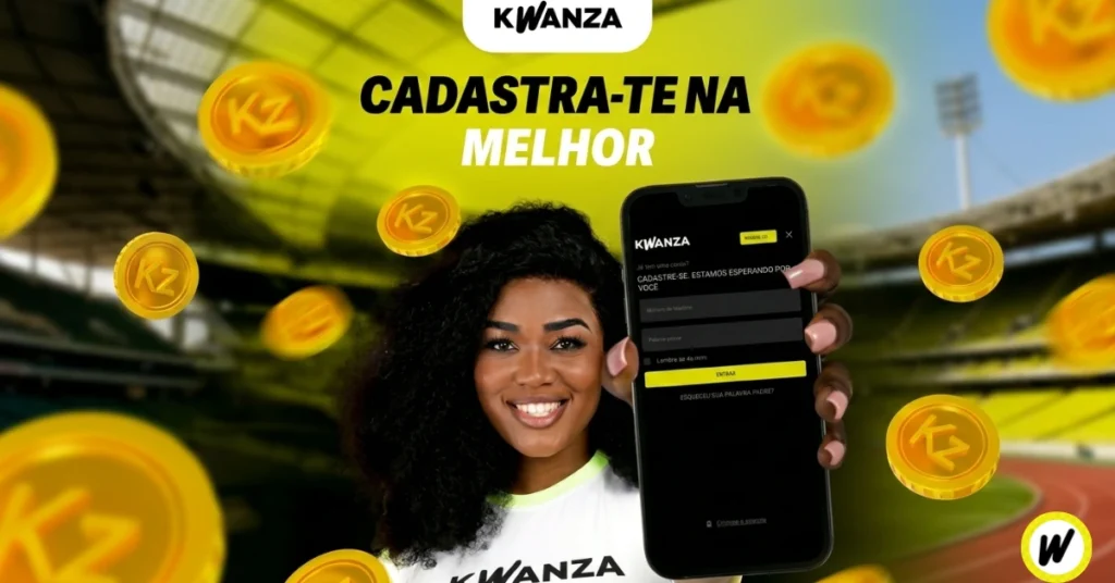 Modelo com um telemóvel mostrando o formulário de de passo a passo de como criar conta Kwanza Bet Angola