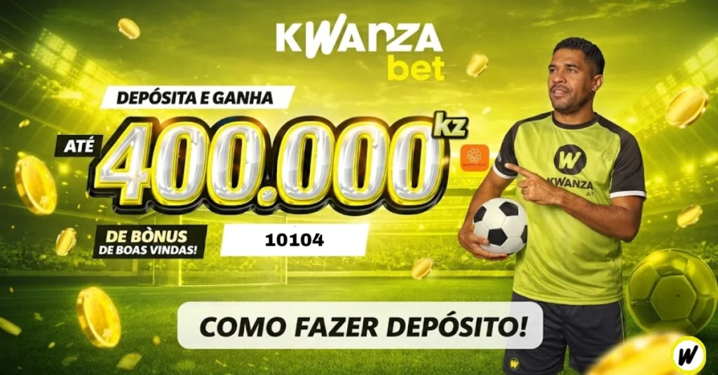 Banner da Kwanza bet com jogador de futebol, moedas douradas e texto “Até 400.000 Kz de bónus de boas-vindas” e chamada: como depositar na kwanzabet.