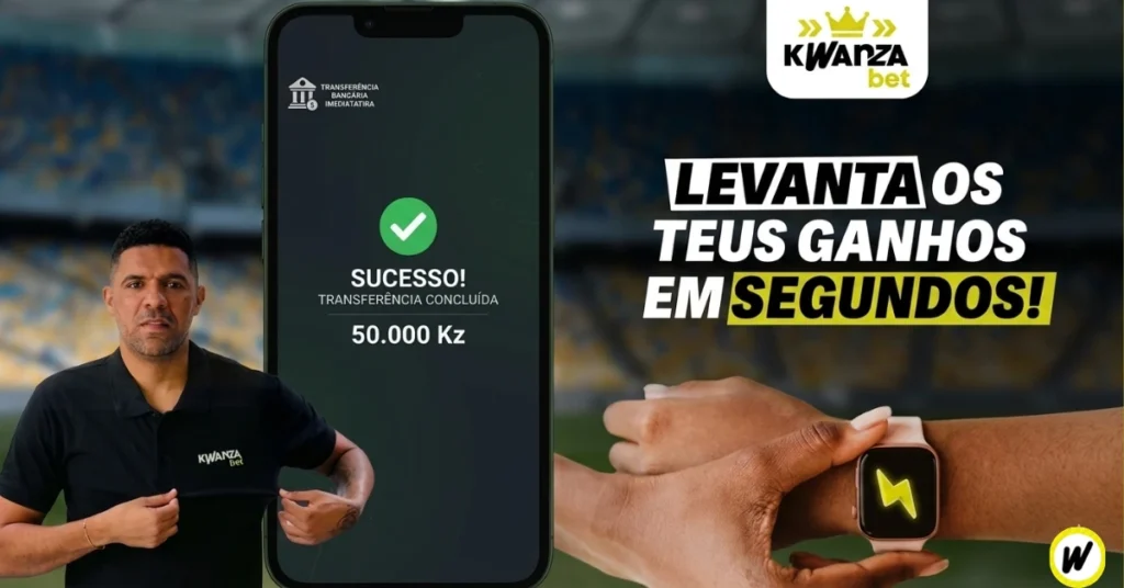 Banner promocional sobre o levantamento instantaneo kwanzabet, exibindo um smartphone com uma confirmação de transferência bancária no valor de 50.000 Kz. A imagem inclui um homem com a t-shirt da marca e uma pessoa a olhar para um smartwatch com um símbolo de raio, acompanhado pelo texto "Levanta os teus ganhos em segundos!".