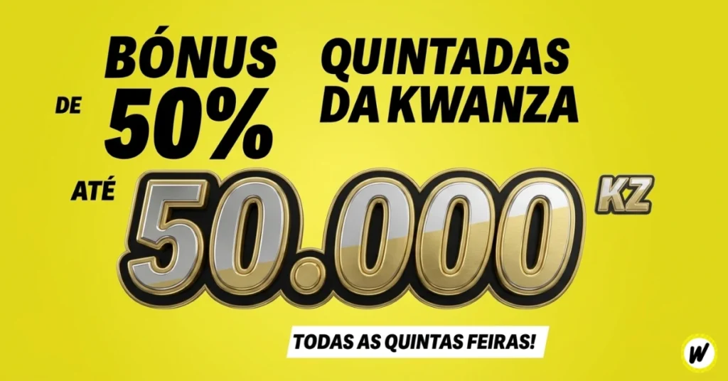 Banner promocional com fundo amarelo vibrante e texto em preto e dourado. Lê-se: "Bónus de 50% até 50.000 KZ", com o título "Quintadas da Kwanzabet" e a legenda inferior "Todas as quintas-feiras