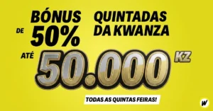 Banner promocional com fundo amarelo vibrante e texto em preto e dourado. Lê-se: "Bónus de 50% até 50.000 KZ", com o título "Quintadas da Kwanzabet" e a legenda inferior "Todas as quintas-feiras