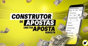 construtor de apostas de futebol ('BetBuilder') em português para criar apostas perfeitas. Mostra um smartphone com interface para Arsenal vs Sporting CP e opções de aposta, cercado por dinheiro (dólares e kwanzas) e moedas sobre um campo de futebol dourado.