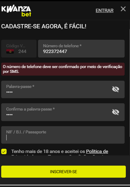 Tela do formulário de como criar conta na kwanza bet Angola