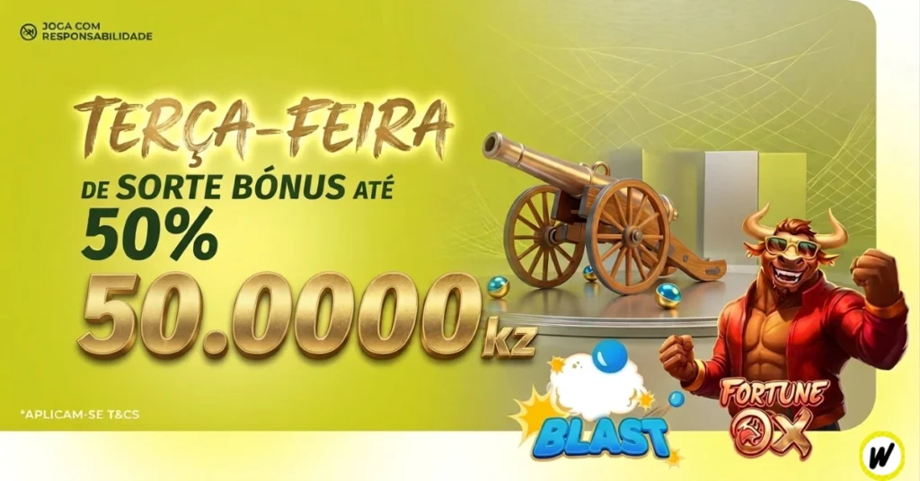 Banner promocional da Kwanzabet para a promoção 'Terça da Sorte Kwanzabet'. O topo exibe o título "TERÇA-FEIRA" com a oferta "DE SORTE BÓNUS ATÉ 50% 50.000kz". A imagem apresenta um touro antropomórfico musculoso com óculos de sol representando o jogo "FORTUNE OX" e um canhão de madeira antigo representando o jogo "BLAST" sobre um pódio prateado. O fundo é verde limão e dourado brilhante com linhas abstratas. No canto superior esquerdo, lê-se "JOGA COM RESPONSABILIDADE" e no canto inferior esquerdo "*APLICAM-SE T&CS"..