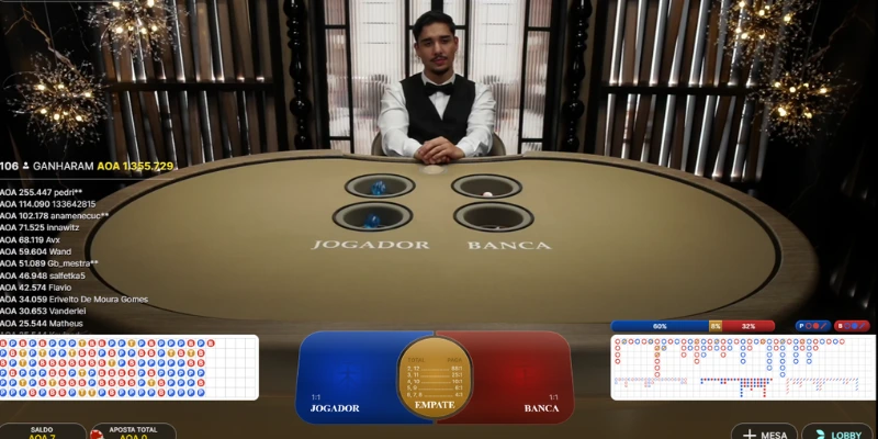 ilustração da mesa de jogo bac bo, com o agente de apostas aguardando o resultado dos dados